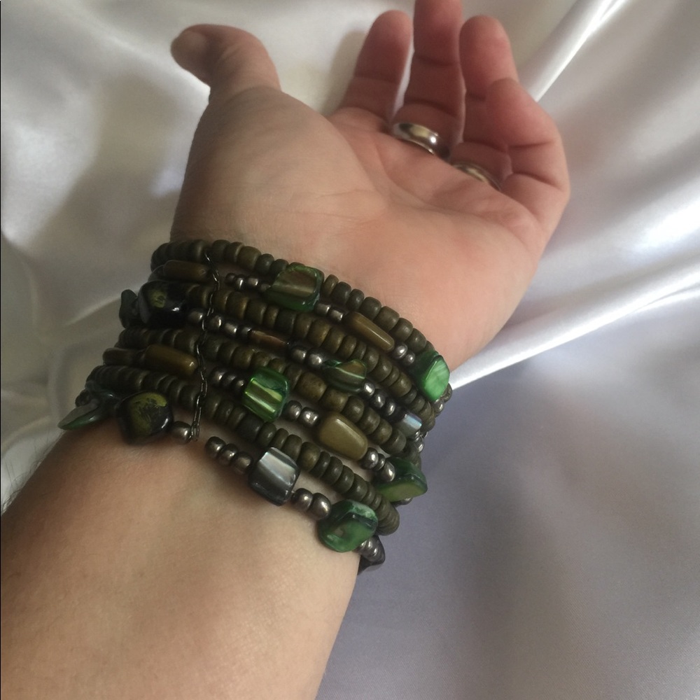 “Shades of Green” Bohemian 9 Strand Mixed Bracelet